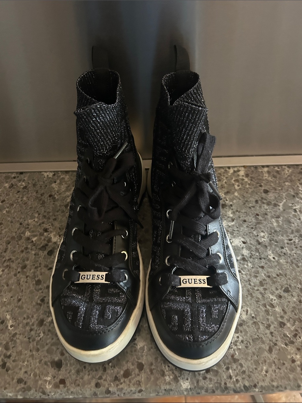 GUESS Black Knit High-Top Logo Sneakers with Silver Accents